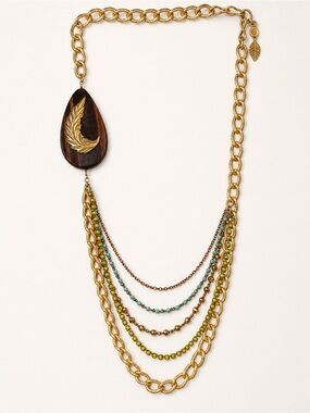 David Aubrey Gold Tone Multi Strand Statement Necklace Teardrop Pendant Boho